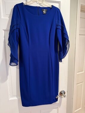 DKNY Cobalt Blue Midi Dress with Layered Ruffle Sleeves